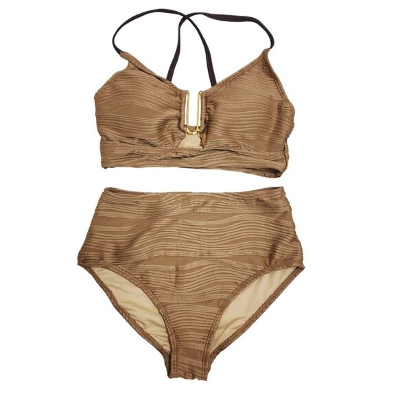 Brown High-Waisted Textured Bikini Set Strappy Back Size S - Picture 1 of 5